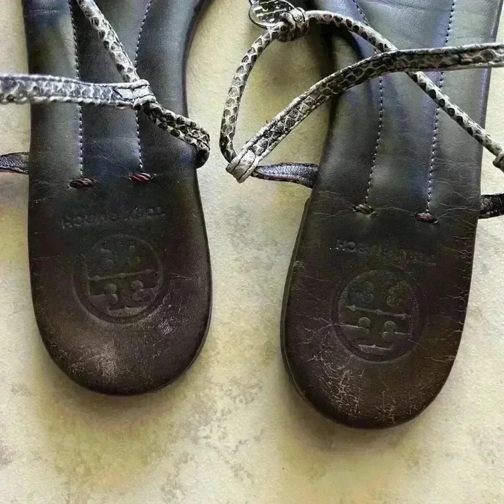 Tory Burch, black animal, print T-strap sandals 8
